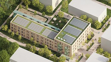 Luftansicht Wohngebäude Hangweide Kernen mit Photovoltaik-Anlage