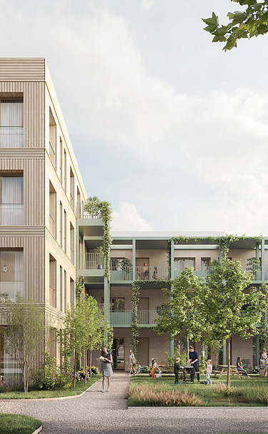 Visualisierung Wohngebäude Hangweide in Kernen mit Holzfassade
